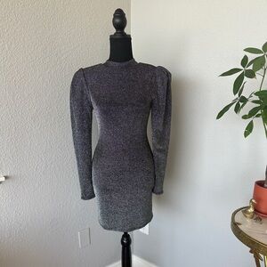 BCBG puff shoulder long sleeve mini dress - silver & black - size XS